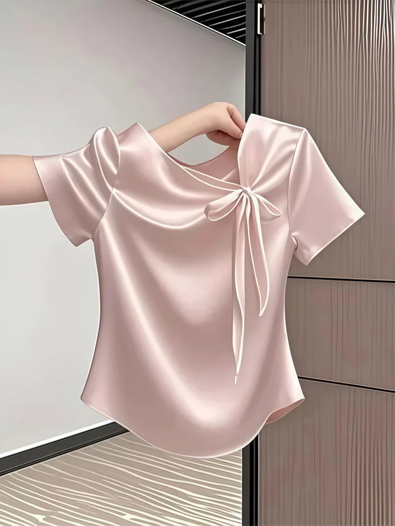 胖mm设计感蝴蝶结正肩短袖T恤夏季新款国风洋气减龄时尚百搭上衣
