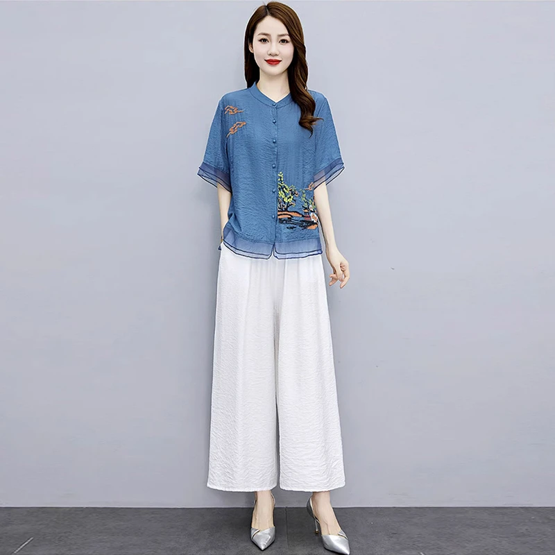 阔太太洋气高贵套装2025新款女夏季时尚减龄遮肉中国风两件套裤子