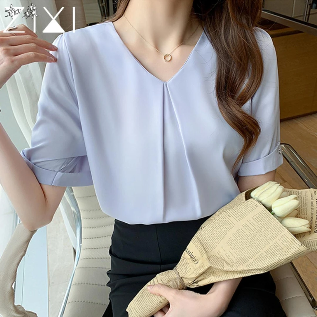 蓝色短袖衬衫女夏季2025新款v领雪纺衬衣职业通勤穿搭面试上衣