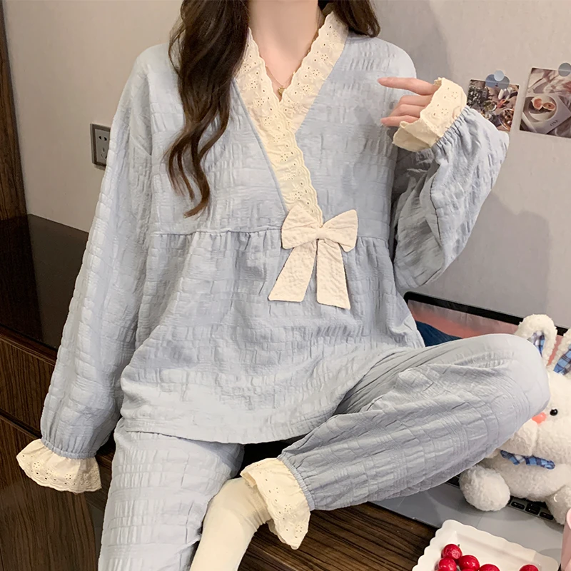 长袖睡衣女春秋款蕾丝花边套装冬季公主风纯色束脚防风休闲家居服