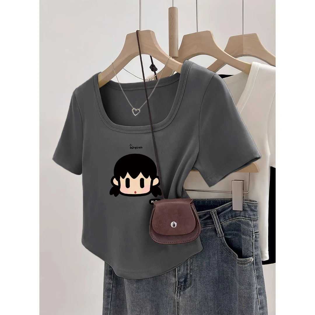 方领正肩纯棉短袖T恤女2025夏季新款不规则百搭宽松显瘦体恤上衣