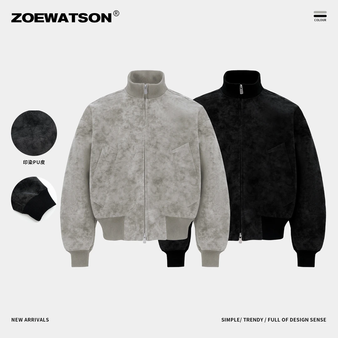 【ZOEWATSON】美式扎染立领皮衣夹克印染PU皮时尚短款保暖外套Z5259
