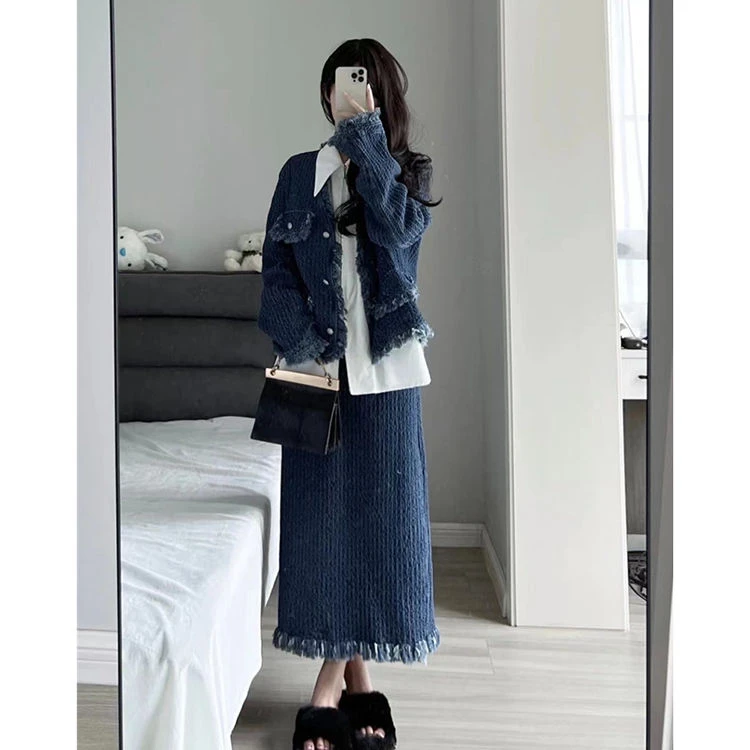 高级感毛边长袖外套时尚三件套装夏季新款设计感高腰半身长裙女潮