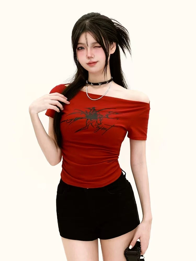 0118-一字肩短袖t恤女夏季chic甜辣妹修身露肩小众别致斜肩绝美小