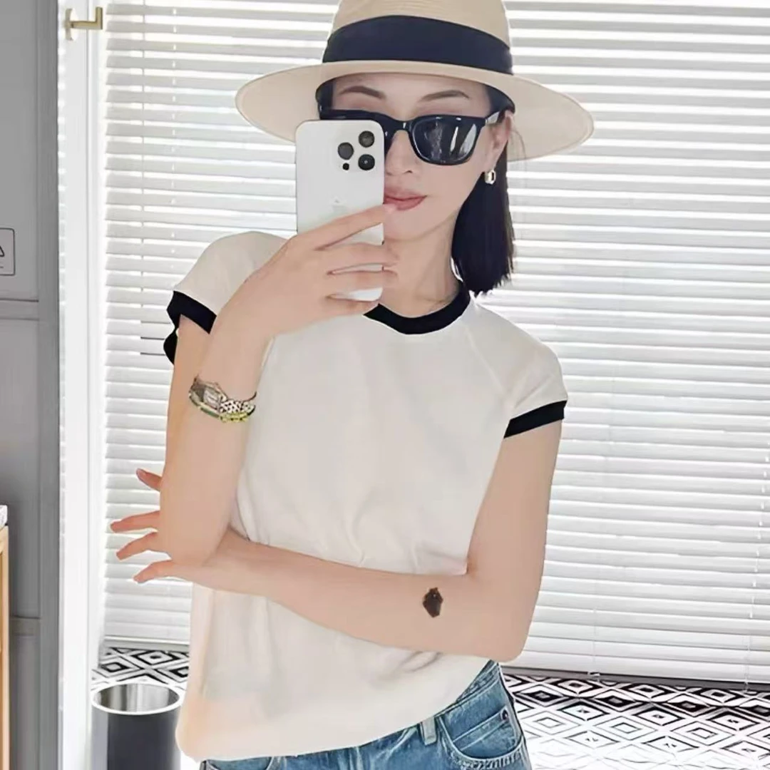 8254-（领口袖口拼色）（白色）莫代尔短袖