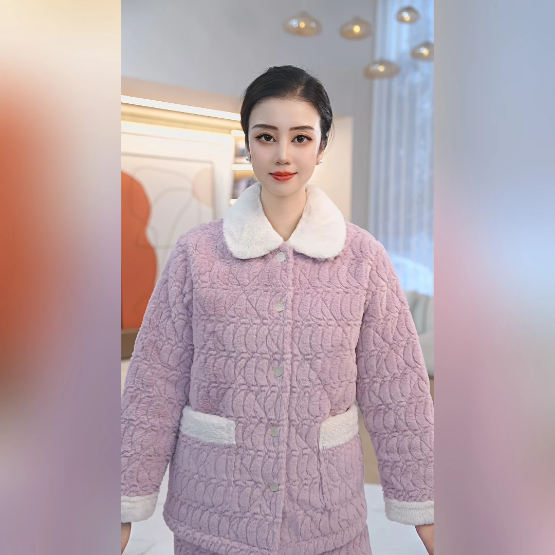 秋鹿兔毛绒剪花三夹棉扣领长袖长裤女套保暖睡衣