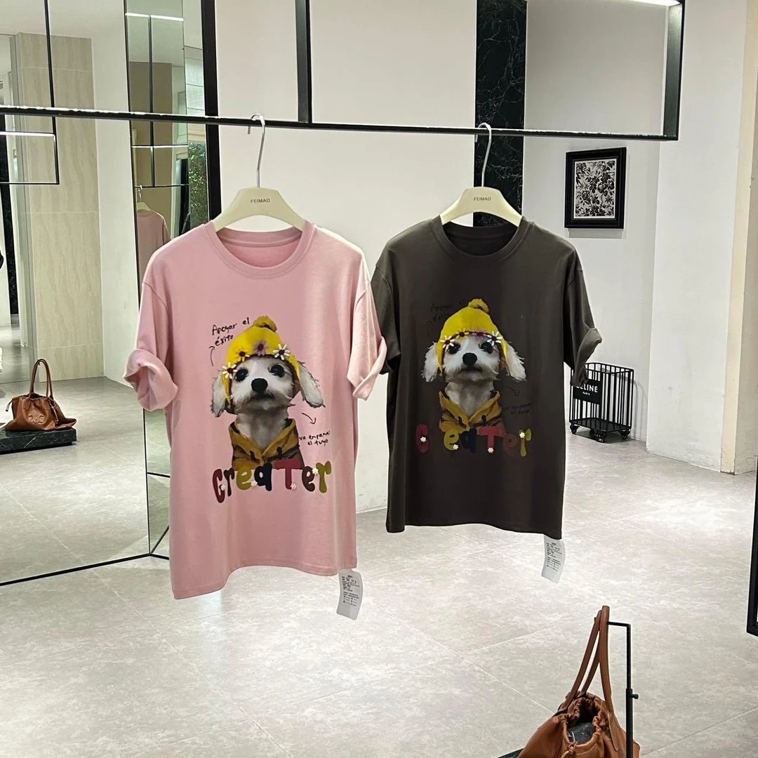 【赵小小&闯进日落谷】28577 狗狗印花正肩美式复古辣妹显瘦上衣女