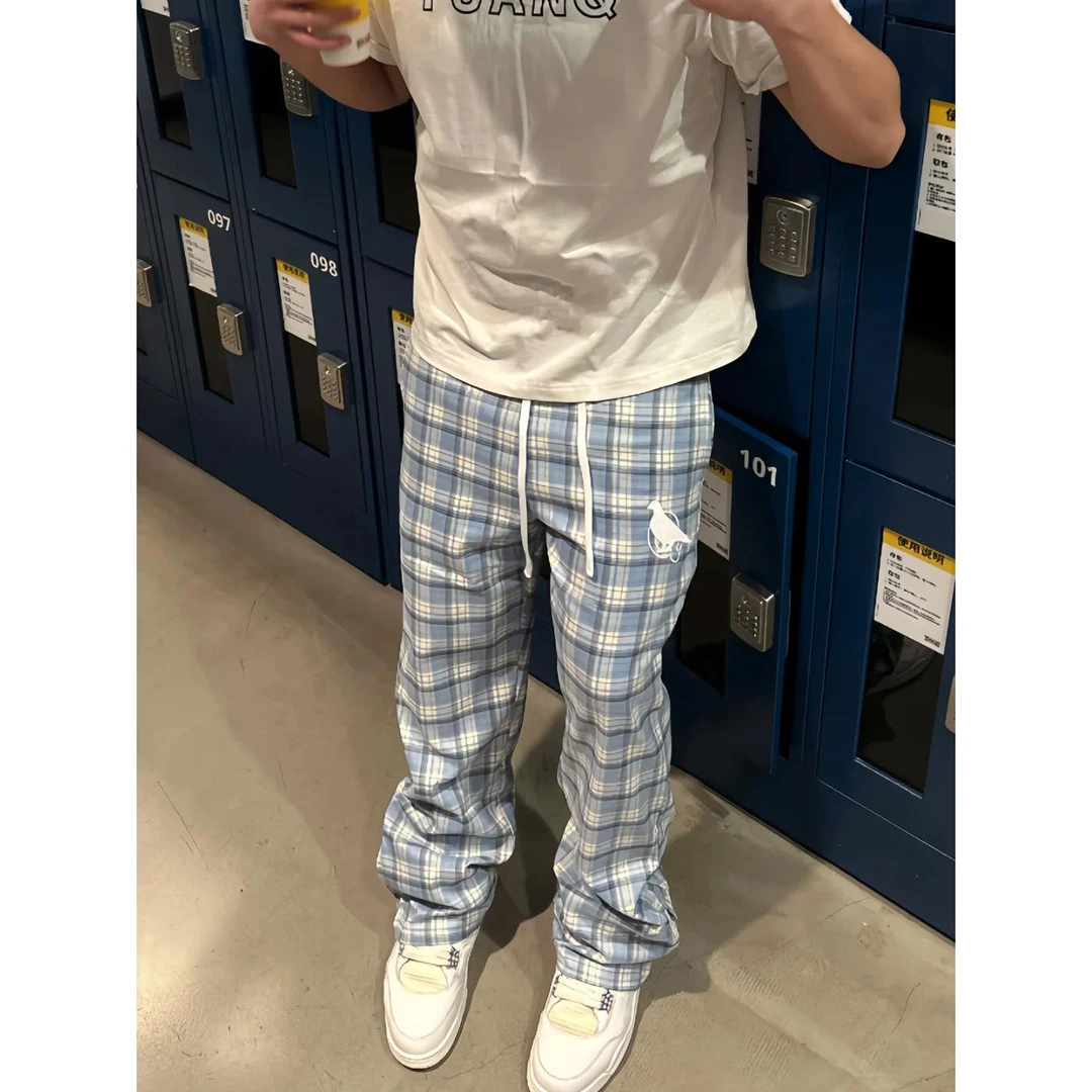 美式街头北蓝直筒微喇叭链刺绣长裤男宽松休闲阔腿裤