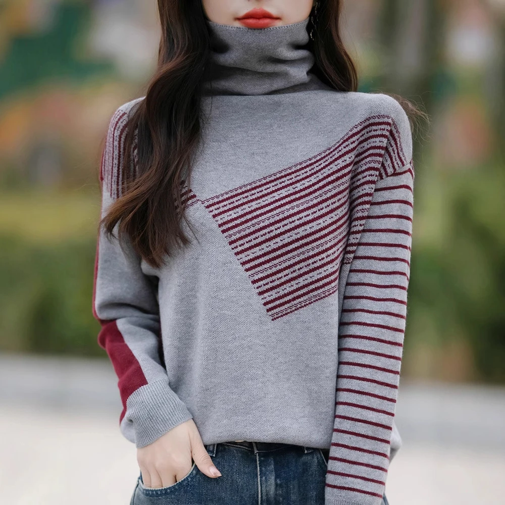 高领毛衣女前后两面穿秋冬新款百搭拼接针织衫打底衫内搭宽松上衣