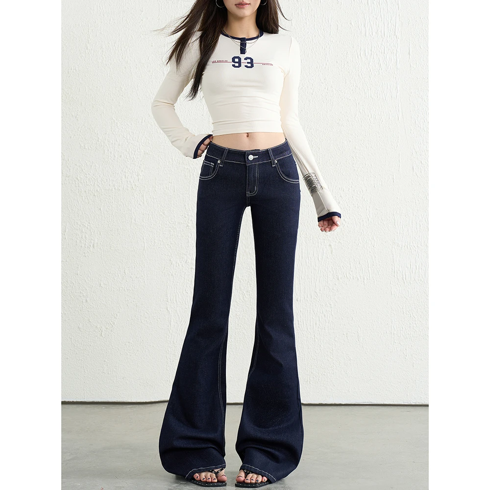 深蓝色微喇叭牛仔裤女秋季美式复古宽松不贴腿直筒弹力马蹄裤子潮