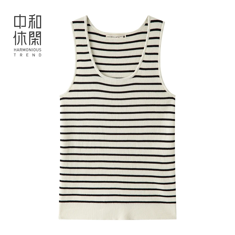 中和休闲条纹U领背心女夏季2025新款针织内搭无袖打底修身吊带衫