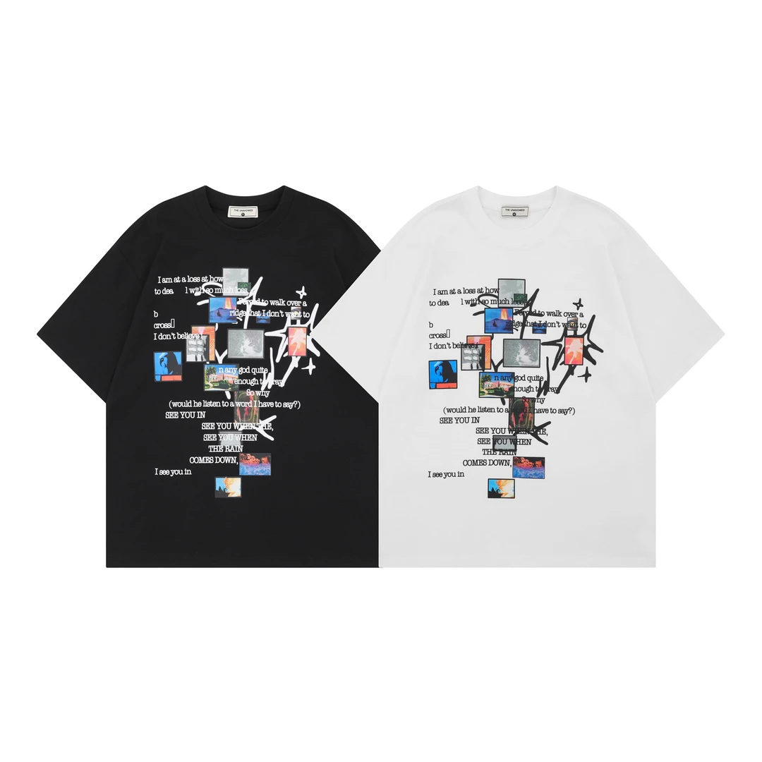 592C 男女同款美式复古手写诗中性T恤宽松休闲百搭情侣上衣潮