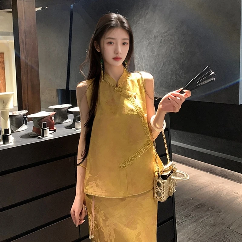 国风新中式女装2025夏季轻奢刺绣立领马甲鱼尾设计半裙套装