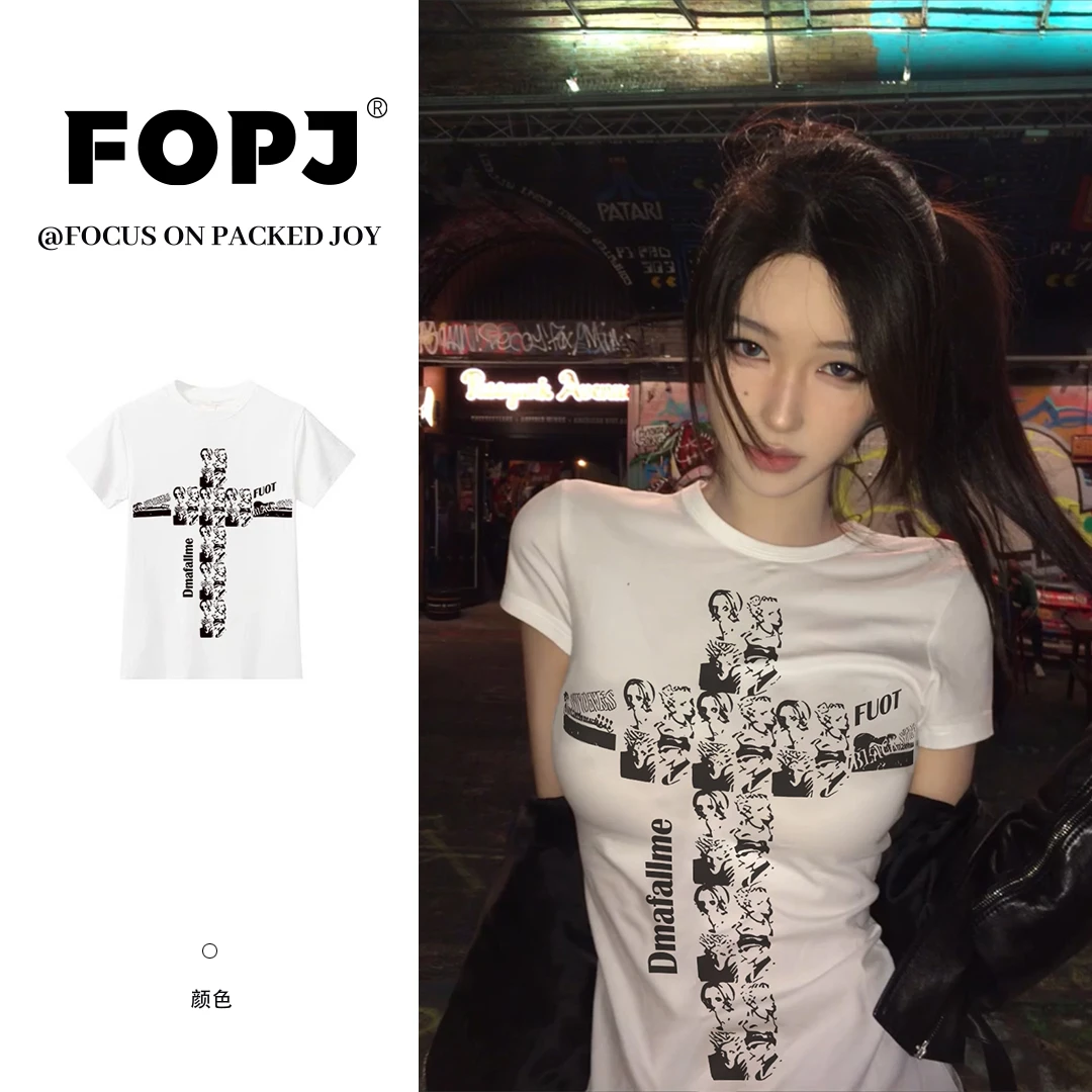 FOPJ美式设计感印花短袖t恤女夏季新款复古修身BM风辣妹穿搭上衣