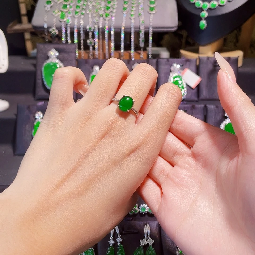 红***子翡翠银S925镶嵌戒指蛋面