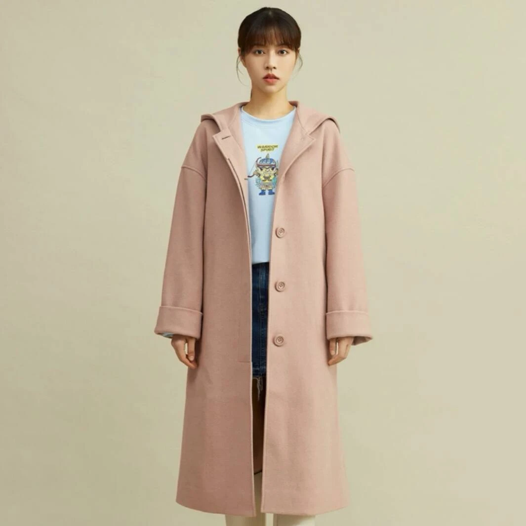 不退不换/秋冬新款经典百搭连帽中长简约爆款毛呢大衣5400616