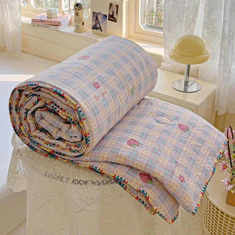 有草莓的地方2025新款云感针织双层纱彩色贝壳边夏被夏凉被空调被