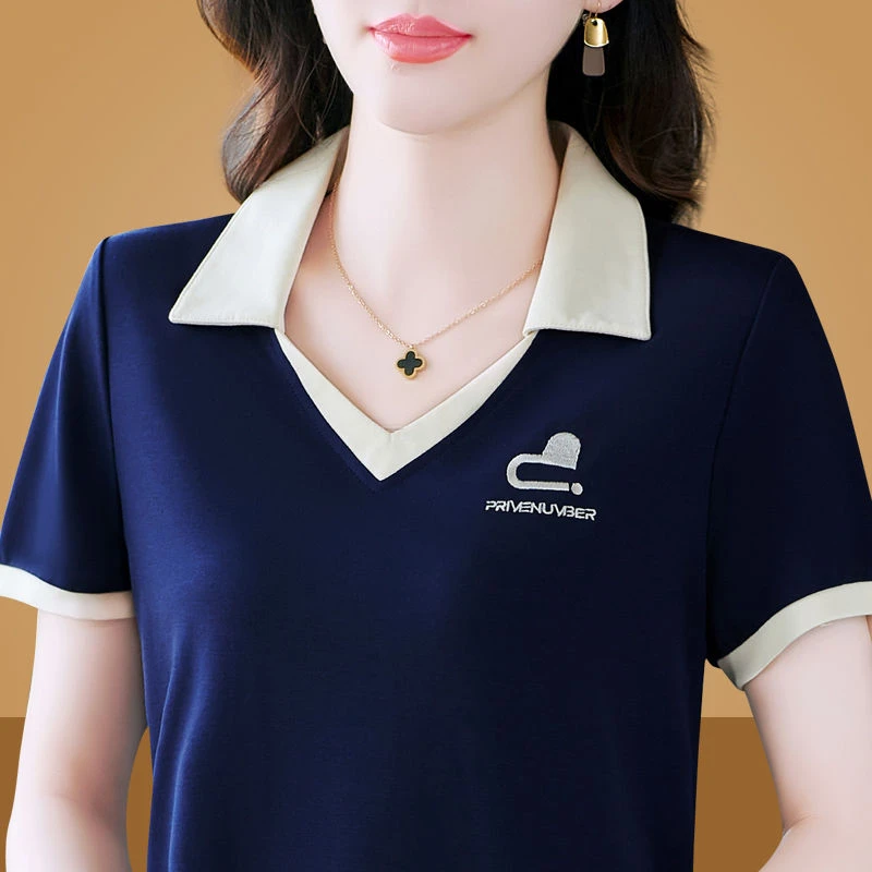 814宝蓝色短袖t恤女夏季polo衫妈妈气质宽松翻领上衣潮半截袖薄