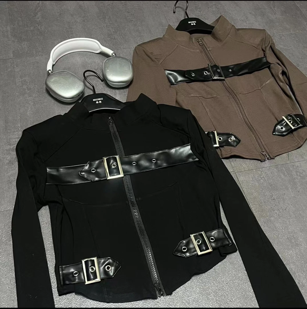 美式辣妹风机车卡扣长袖小衫街头时髦洋气磨毛设计感修身显瘦上衣
