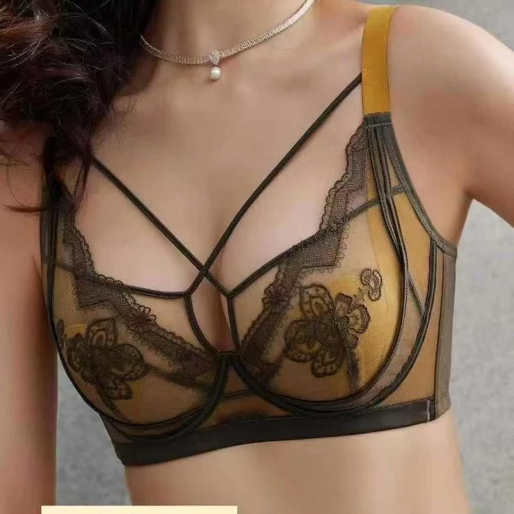 新款双层纱自然通透舒适聚拢大胸显小内衣轻薄水晶杯文胸2509
