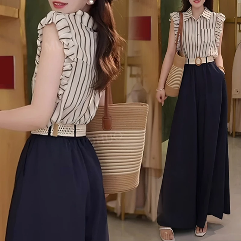 小飞袖条纹衬衫高腰阔腿裤套装女生2025年夏季新款时尚潮流两件套