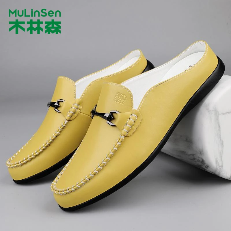 木林森半拖鞋正品懒人豆豆鞋皮拖鞋一脚蹬舒适软皮棉鞋无后跟软底