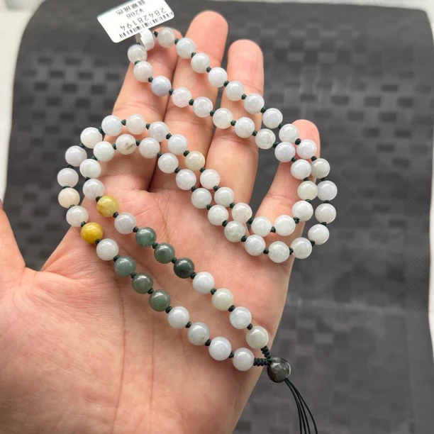 缅料翡翠a过湖水绿黄翡圆珠7.3mm手工编织男女玉石挂绳长链百搭