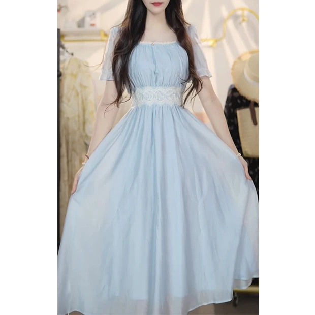 L5001法式甜美短袖撞色连衣裙女2025夏季新气质长裙别致潮流裙子