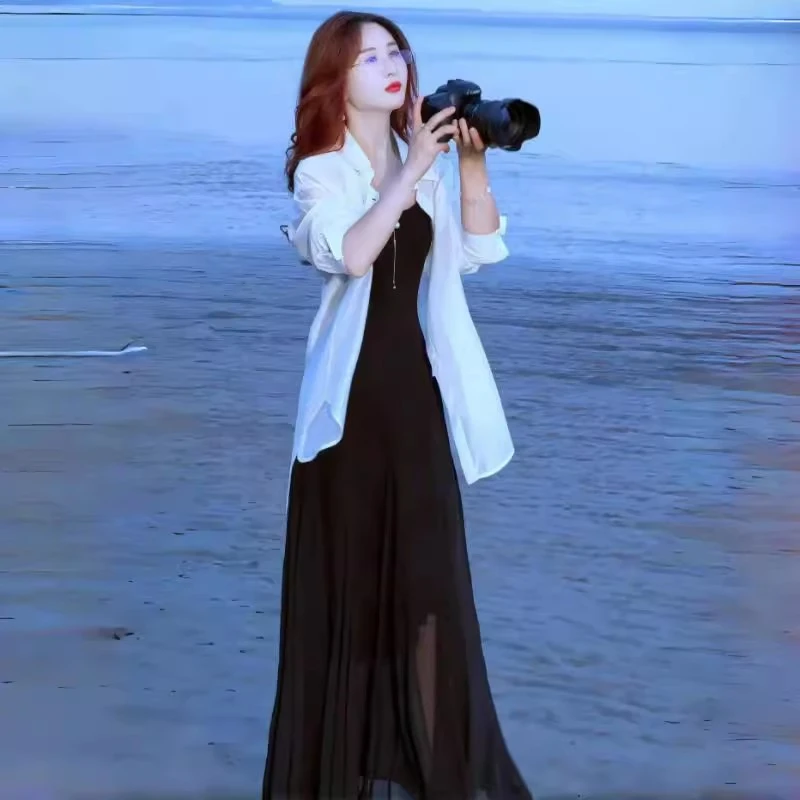 女神范时尚连衣裙女夏季新款冰丝防晒衬衫吊带裙两件套装百搭长裙