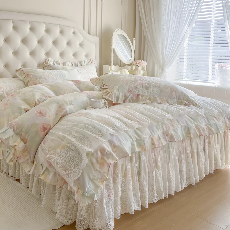 四季通用公主风全棉印花床笠式床裙四件套纯棉蕾丝花边床罩套被套