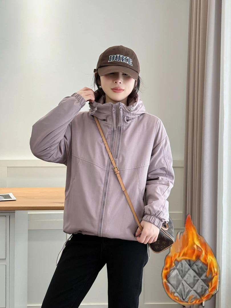 欧货双拉链连帽夹棉外套女秋冬新款2025韩版宽松显瘦小个子冲锋衣