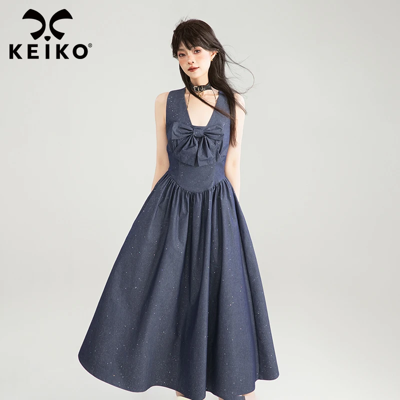 KEIKO 法式蝴蝶结饰掐腰吊带长裙夏季清冷姐感露背打揽收腰连衣裙