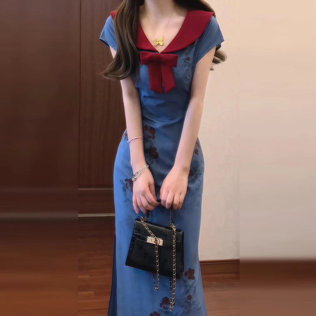 新中式国风蝴蝶结碎花连衣裙子女夏季新爆款修身显瘦旗袍长裙5064