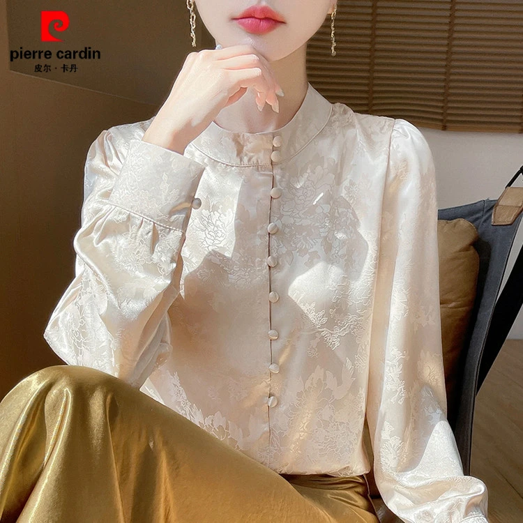 皮尔卡丹新中式国风缎面衬衫女夏季新款提花真丝滑长袖衬衣设计感