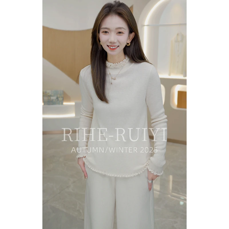 R H 【小木耳】秋冬新款48支细羊毛纯色木耳边套头毛衣A8929