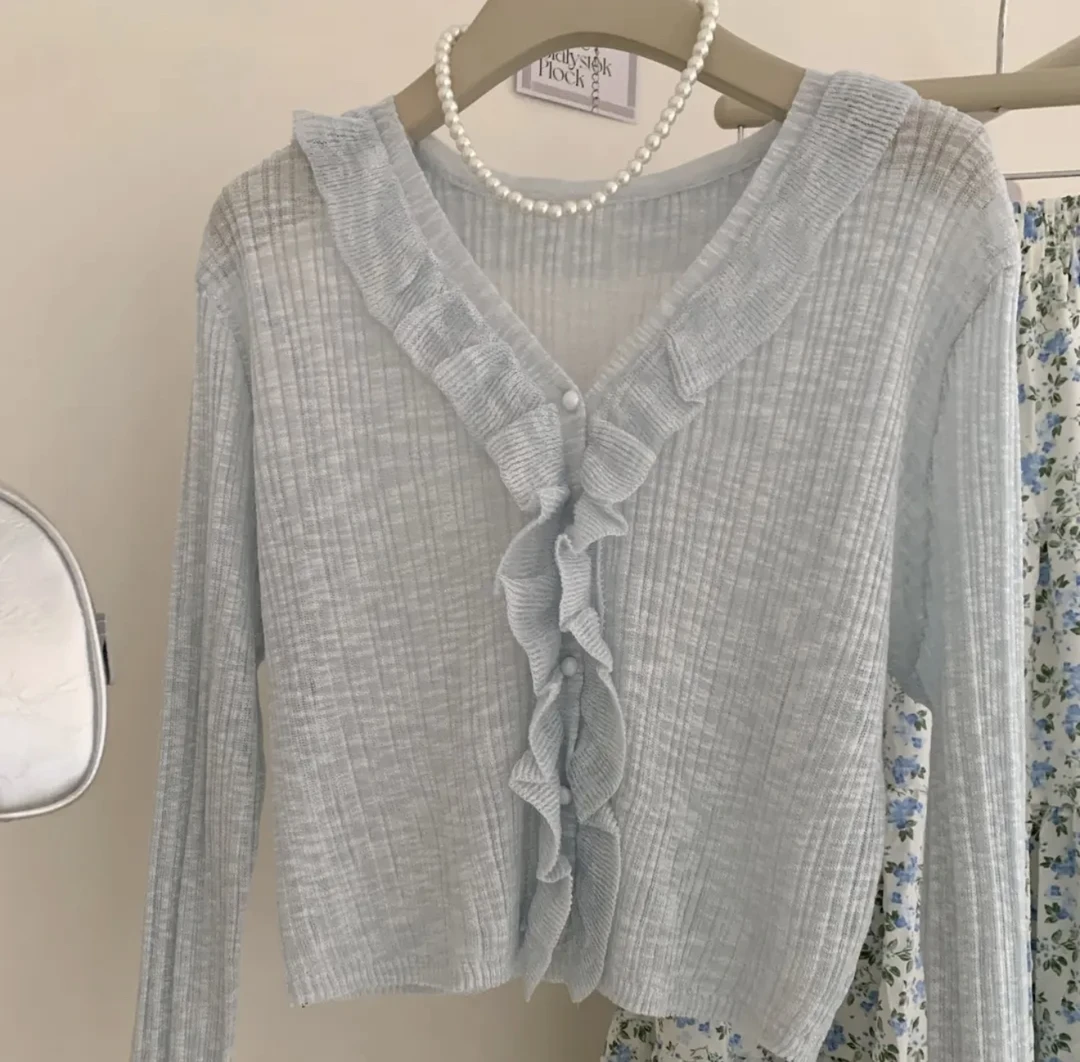 深圳南油白桃美美 奶蓝色小香风夏季长袖防晒外套罩衫女D1002