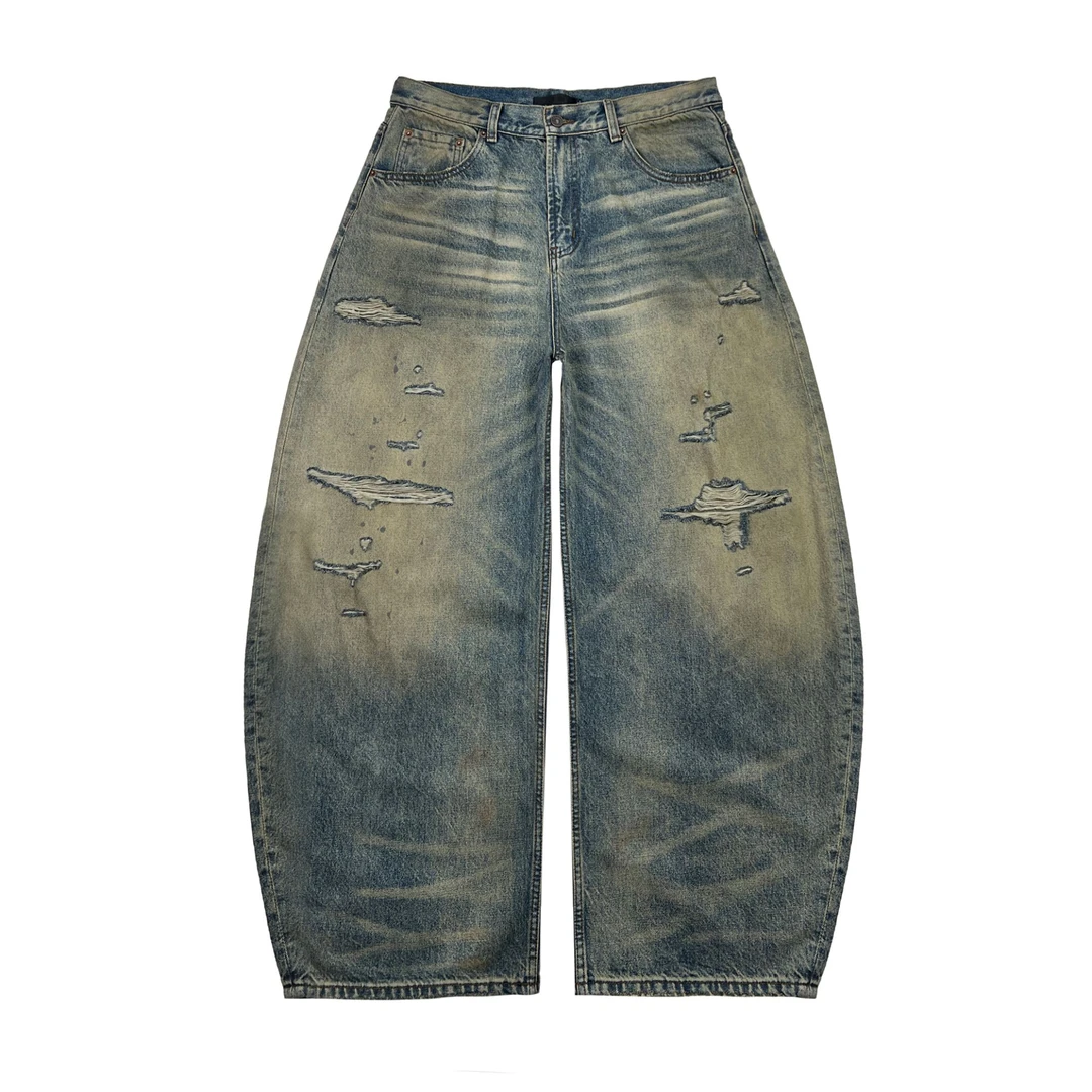 【亦轴】原创美式baggy弯刀牛仔高街风做旧水洗夏季百搭破洞牛仔裤