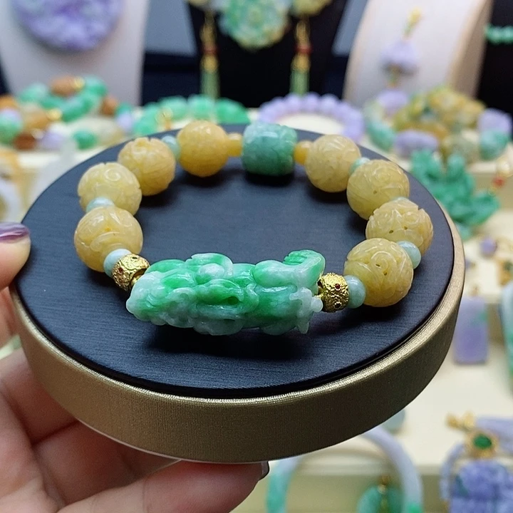 翡翠手链未镶嵌小*精黄翡加绿翡貔貅手串
