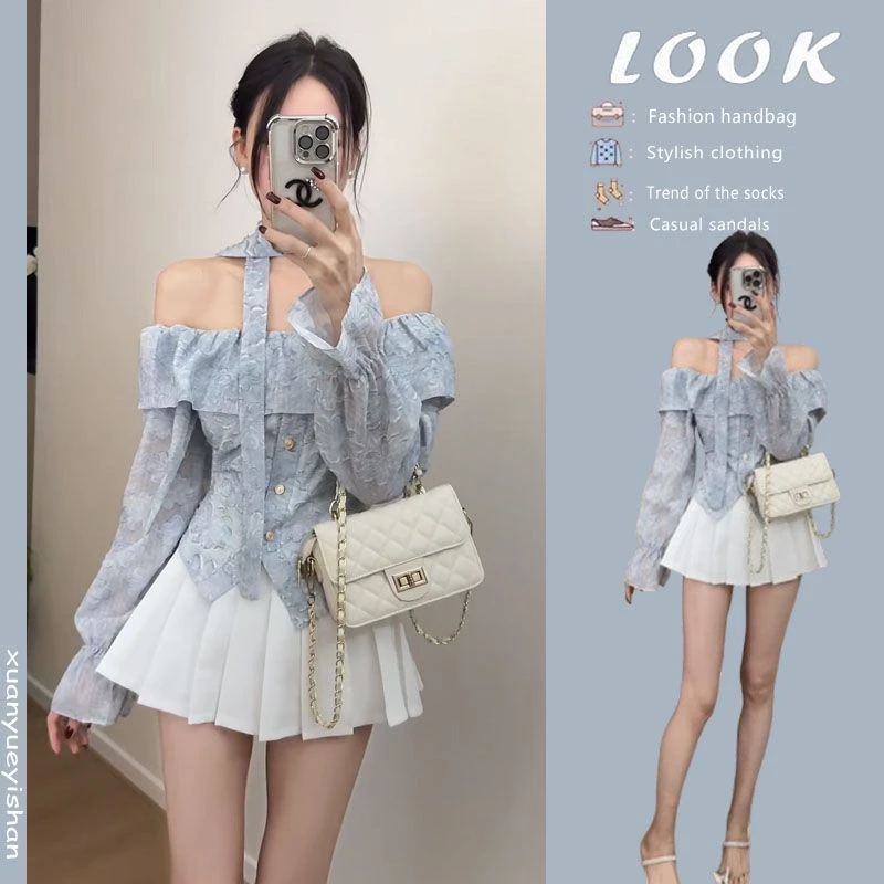 春季甜辣一整套穿搭女2025新款韩版一字肩挂脖上衣百褶裙两件套装