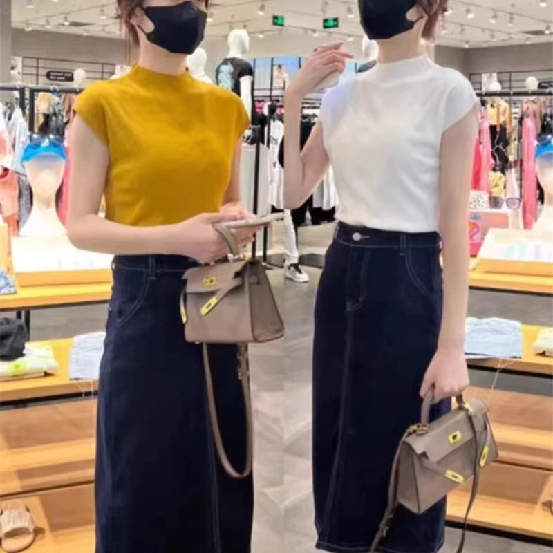 时尚套装女2025春季爆款冰丝针织短袖高腰A字版牛仔半身裙两件套