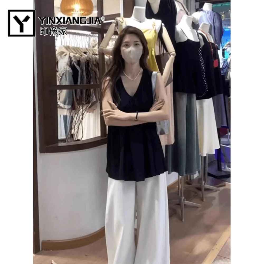 印像家黑色无袖背心衬衫女夏2025新款法式漂亮小衫显瘦宽松上衣