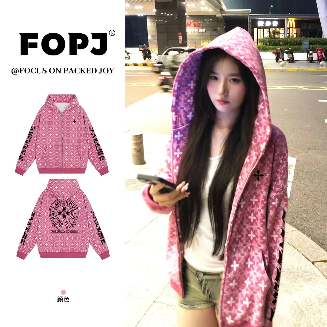 FOPJ美式哥特风满印拉链连帽卫衣女休闲潮流百搭辣妹开衫外套上衣