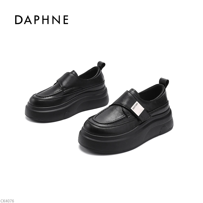 Daphne/达芙妮乐福鞋春秋季厚底休闲牛皮黑色女士中跟日系圆头