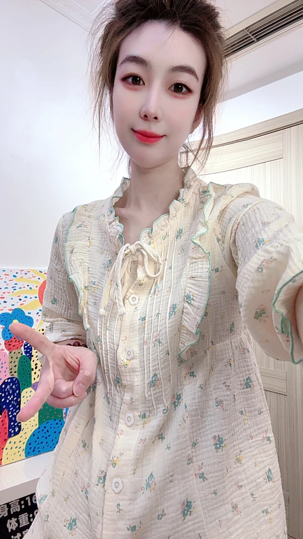 韩版田园碎花纯棉双层纱长袖花边宽松甜美休闲套头女家居服套装