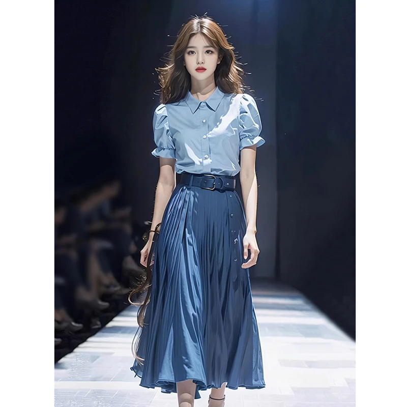 JY#【单/套装】裙子两件套今年流行的漂亮夏装蓝色时尚套装DY9669