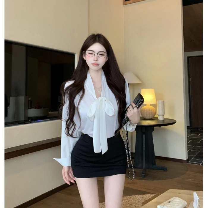 气质绑带v领长袖衬衫女春季缎面修身收腰衬衣a字包臀半身裙子套装