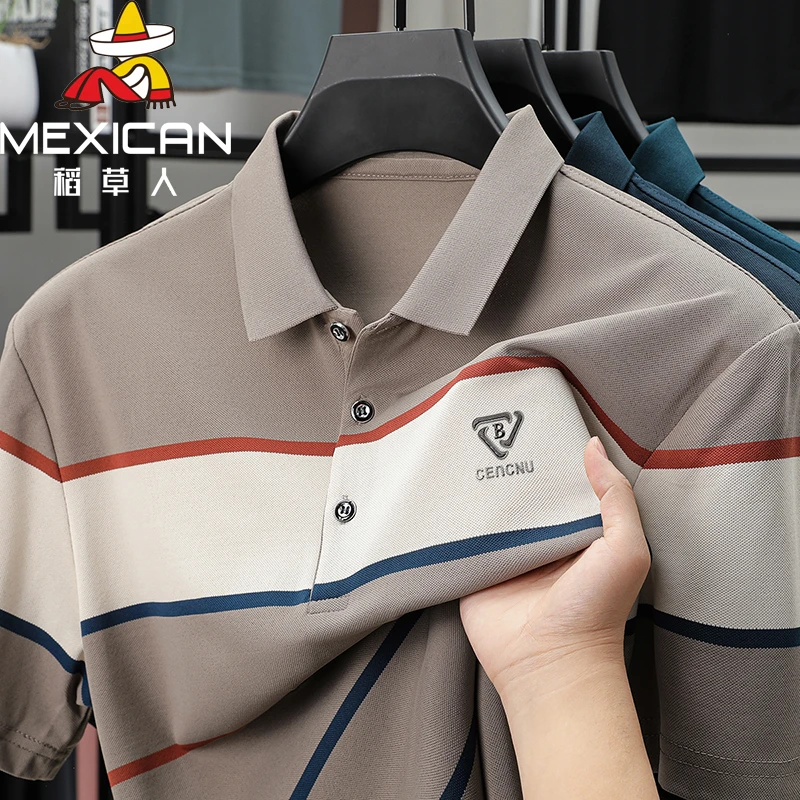 夏季时尚宽松短袖男休闲稻草人短袖翻领潮流Polo衫条纹男装薄款男