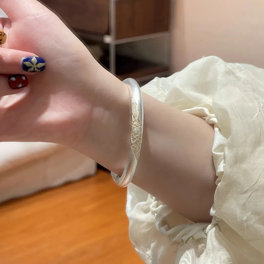 999.9繁花似锦素圈磨砂古法描金女款手镯新款情人节送女友