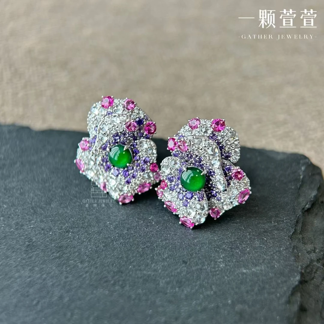 【姹紫嫣红】一颗萱萱S925银镶翡翠耳饰轻奢时尚120197