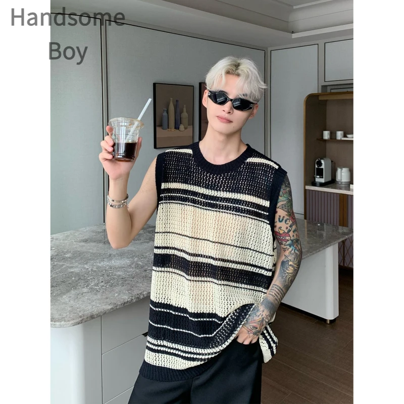 秋季通用透气薄款常规版型镂空条纹圆领针织马甲休闲外穿男春秋